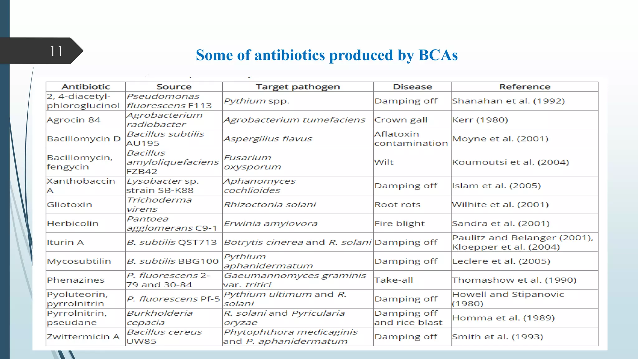 Some of antibiotics produced by BCAs
11
 