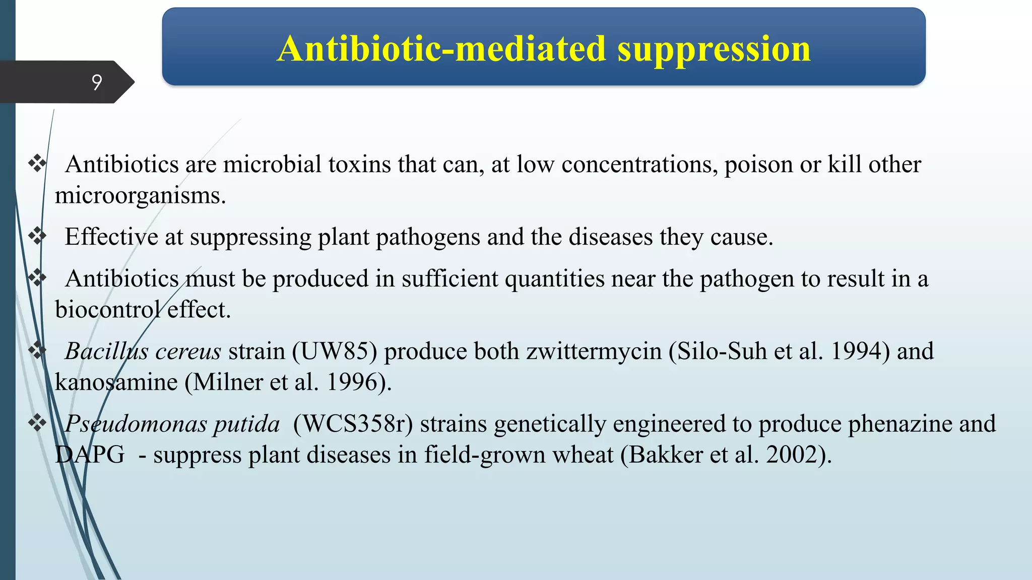 ❖ Antibiotics are microbial toxins that can, at low concentrations, poison or kill other
microorganisms.
❖ Effective at suppressing plant pathogens and the diseases they cause.
❖ Antibiotics must be produced in sufficient quantities near the pathogen to result in a
biocontrol effect.
❖ Bacillus cereus strain (UW85) produce both zwittermycin (Silo-Suh et al. 1994) and
kanosamine (Milner et al. 1996).
❖ Pseudomonas putida (WCS358r) strains genetically engineered to produce phenazine and
DAPG - suppress plant diseases in field-grown wheat (Bakker et al. 2002).
9
Antibiotic-mediated suppression
 