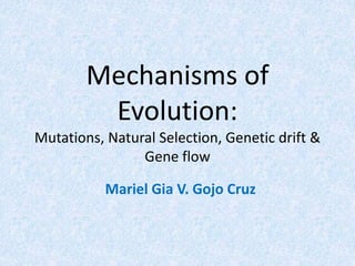 Mechanisms of
Evolution:
Mutations, Natural Selection, Genetic drift &
Gene flow
Mariel Gia V. Gojo Cruz
 