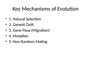 Key Mechanisms of Evolution
• 1. Natural Selection
• 2. Genetic Drift
• 3. Gene Flow (Migration)
• 4. Mutation
• 5. Non-Random Mating
 