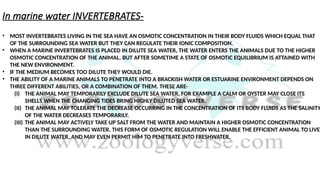 In marine water INVERTEBRATES-
• MOST INVERTEBRATES LIVING IN THE SEA HAVE AN OSMOTIC CONCENTRATION IN THEIR BODY FLUIDS WHICH EQUAL THAT
OF THE SURROUNDING SEA WATER BUT THEY CAN REGULATE THEIR IONIC COMPOSITION.
• WHEN A MARINE INVERTEBRATES IS PLACED IN DILUTE SEA WATER, THE WATER ENTERS THE ANIMALS DUE TO THE HIGHER
OSMOTIC CONCENTRATION OF THE ANIMAL. BUT AFTER SOMETIME A STATE OF OSMOTIC EQUILIBRIUM IS ATTAINED WITH
THE NEW ENVIRONMENT.
• IF THE MEDIUM BECOMES TOO DILUTE THEY WOULD DIE.
• THE ABILITY OF A MARINE ANIMALS TO PENETRATE INTO A BRACKISH WATER OR ESTUARINE ENVIRONMENT DEPENDS ON
THREE DIFFERENT ABILITIES, OR A COMBINATION OF THEM. THESE ARE-
(I) THE ANIMAL MAY TEMPORARILY EXCLUDE DILUTE SEA WATER, FOR EXAMPLE A CALM OR OYSTER MAY CLOSE ITS
SHELLS WHEN THE CHANGING TIDES BRING HIGHLY DILUTED SEA WATER.
(II) THE ANIMAL MAY TOLERATE THE DECREASE OCCURRING IN THE CONCENTRATION OF ITS BODY FLUIDS AS THE SALINITY
OF THE WATER DECREASES TEMPORARILY.
(III) THE ANIMAL MAY ACTIVELY TAKE UP SALT FROM THE WATER AND MAINTAIN A HIGHER OSMOTIC CONCENTRATION
THAN THE SURROUNDING WATER. THIS FORM OF OSMOTIC REGULATION WILL ENABLE THE EFFICIENT ANIMAL TO LIVE
IN DILUTE WATER, AND MAY EVEN PERMIT HIM TO PENETRATE INTO FRESHWATER.
 