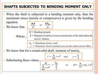 SHAFTS SUBJECTED TO BENDING MOMENT ONLY
 When the shaft is subjected to a bending moment only, then the
maximum stress (tensile or compressive) is given by the bending
equation.
 We know that,
 Where ,
 We know that for a round solid shaft, moment of inertia,
 Substituting these values,
 