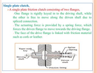 Single plate clutch,
A single plate friction clutch consisting of two flanges,
One flange is rigidly keyed in to the driving shaft, while
the other is free to move along the driven shaft due to
spliced connection.
The actuating force is provided by a spring force, which
forces the driven flange to move towards the driving flange.
The face of the drive flange is linked with friction material
such as cork or leather.
 