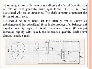 Similarly, a rotor with mass center slightly displaced from the axis
of rotation will generate centrifugal force. This is the force
associated with static unbalance. The shaft supports counteract the
forces of unbalance.
It should be noted here that the quantity m·r is known as
unbalance and that centrifugal force is the product of unbalance and
angular velocity squared. While unbalance force (Fcentrifugal)
increases rapidly with speed, the unbalance quantity itself (m·r)
does not change at all.
 