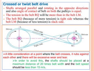 Crossed or twist belt drive
 Shafts arranged parallel and rotating in the opposite directions
and also angle of contact of belt on both the pulleys is equal.
 The tension in the belt RQ will be more than in the belt LM.
 The belt RQ (because of more tension) is tight side whereas the
belt LM (because of less tension) is slack side.
A little consideration at a point where the belt crosses, it rubs against
each other and there will be excessive wear and tear.
In order to avoid this, the shafts should be placed at a
maximum distance of 20 times belt width and the belt speed
should be less than 15 m/s.
 