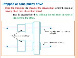 Stepped or cone pulley drive
 Used for changing the speed of the driven shaft while the main or
driving shaft runs at constant speed.
 This is accomplished by shifting the belt from one part of
the steps to the other.
 