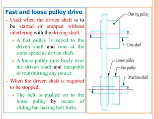 Fast and loose pulley drive
 Used when the driven shaft is to
be started or stopped without
interfering with the driving shaft.
 A fast pulley is keyed to the
driven shaft and runs at the
same speed as driven shaft.
 A loose pulley runs freely over
the driven shaft and incapable
of transmitting any power.
 When the driven shaft is required
to be stopped,
 The belt is pushed on to the
loose pulley by means of
sliding bar having belt forks.
 