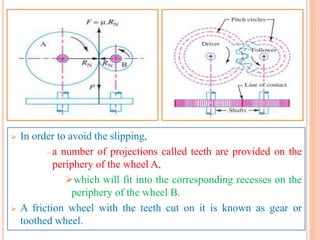  In order to avoid the slipping,
 a number of projections called teeth are provided on the
periphery of the wheel A,
which will fit into the corresponding recesses on the
periphery of the wheel B.
 A friction wheel with the teeth cut on it is known as gear or
toothed wheel.
 