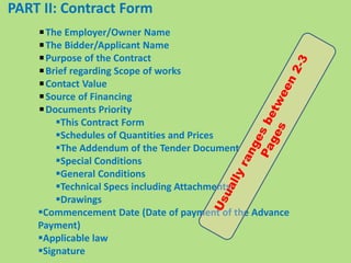 PART II: Contract Form
The Employer/Owner Name
The Bidder/Applicant Name
Purpose of the Contract
Brief regarding Scope of works
Contact Value
Source of Financing
Documents Priority
This Contract Form
Schedules of Quantities and Prices
The Addendum of the Tender Document
Special Conditions
General Conditions
Technical Specs including Attachments
Drawings
Commencement Date (Date of payment of the Advance
Payment)
Applicable law
Signature
 
