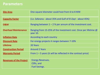 Site Area One square kilometer could host from 6 to 8 MW
Capacity Factor (i.e. Zafarana - about 35% and Gulf of El-Zayt - about 45%)
O&M Ranging between 1 – 2 % per annum of the investment cost.
Overhaul Maintenance Ranging from 15-25% of the investment cost. Once per lifetime @
year 10.
Inflation Rate According to each country
Discount Rate For energy projects it ranges between 7-10%
Lifetime 20 Years
Construction Period Around 2 Years
Warranty Period From 1 – 5 years (it will be reflected in the contract price)
Revenues of the Project Energy Revenues,
CERs, and
Fuel Savings.
Parameters
 
