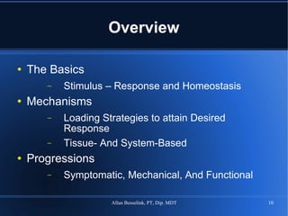 Overview The Basics Stimulus – Response and Homeostasis Mechanisms Loading Strategies to attain Desired Response Tissue- And System-Based Progressions Symptomatic, Mechanical, And Functional 