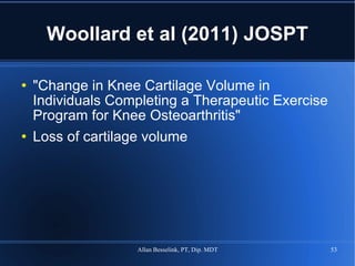 Woollard et al (2011) JOSPT "Change in Knee Cartilage Volume in Individuals Completing a Therapeutic Exercise Program for Knee Osteoarthritis" Loss of cartilage volume 