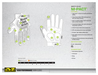 HIGH PERFORMANCE WORK GLOVES
AVAILABLE COLORS
SAFETY HI-VIZ
M-PACT®
XXXS XXS XS S M L XL XXL XXXL
05 06 07 08 09 10 11 12 13
SMP-91 HI-VIZ YELLOW SMP-99 HI-VIZ ORANGE
4
2
2
2
2
2
2
1
4
3
8
4
5
9
9
66
7
FEATURES
1.	 Impact Guard™
protects first knuckle with EVA foam
padding.
2.	 Thermal Plastic Rubber (TPR) knuckle guard and
pinch-point finger protection.
3.	 ANSI-107 compliant TrekDry®
material helps keep
hands cool and comfortable.
4.	 Thermal Plastic Rubber (TPR) closure with hook and
loop provides a secure fit.
5.	Armortex®
grip provides durable gripping power.
6.	XRD®
palm padding absorbs impact and vibration.
7.	AX-Suede™
high-visibility synthetic palm.
8.	 High-visibility reflective ink increases visibility when
illuminated.
9.	 Embossed and textured dual layer index and thumb add
durability and grip.
CERTIFICATIONS
3121 EN 388 / EN 420
INTENDED USES
•	 Heavy Equipment Operation
•	Construction
•	Mining
• Oil  Gas
107
 