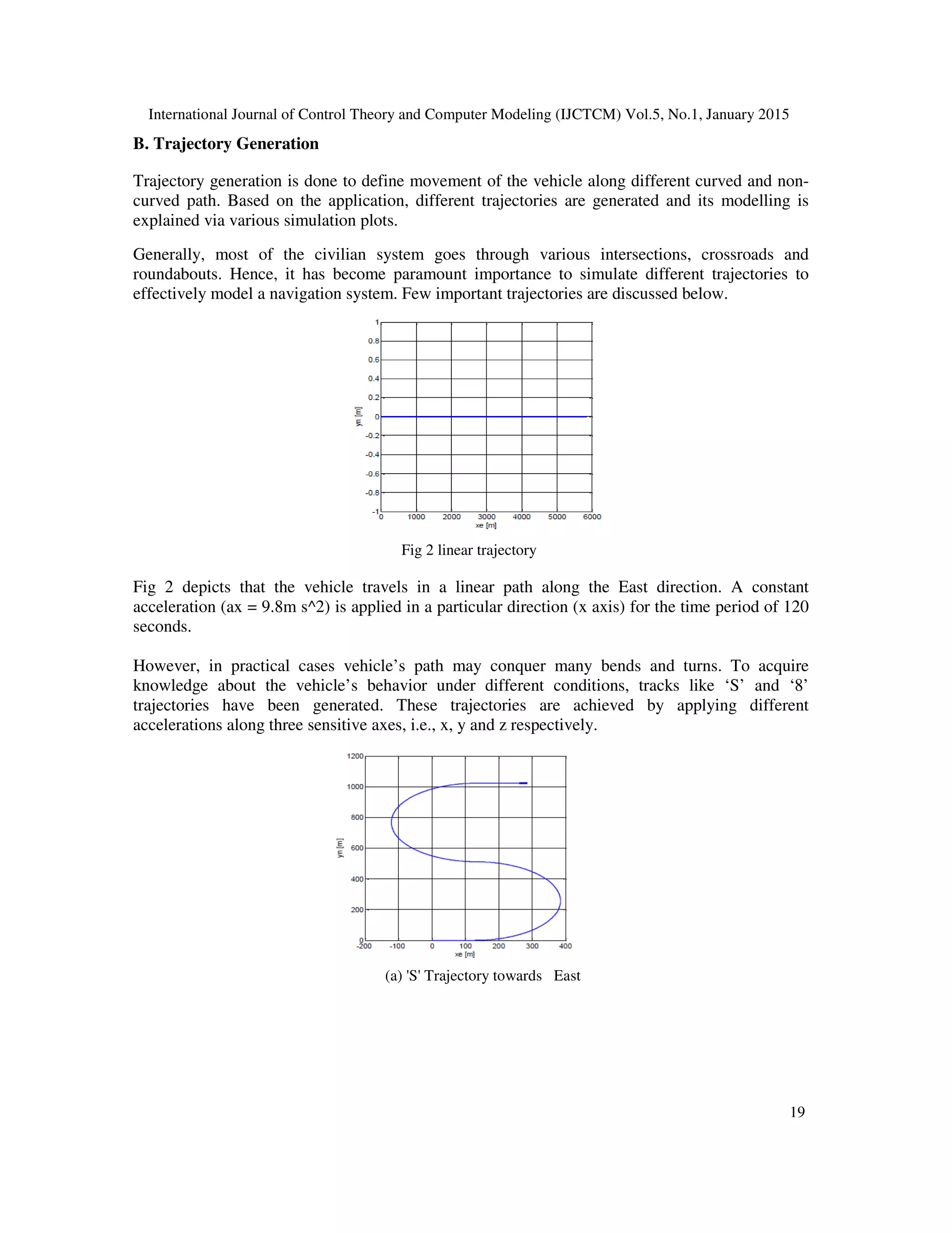 International Journal of Control Theory and Computer Modeling (IJCTCM) Vol.5, No.1, January 2015
19
B. Trajectory Generation
Trajectory generation is done to define movement of the vehicle along different curved and non-
curved path. Based on the application, different trajectories are generated and its modelling is
explained via various simulation plots.
Generally, most of the civilian system goes through various intersections, crossroads and
roundabouts. Hence, it has become paramount importance to simulate different trajectories to
effectively model a navigation system. Few important trajectories are discussed below.
Fig 2 linear trajectory
Fig 2 depicts that the vehicle travels in a linear path along the East direction. A constant
acceleration (ax = 9.8m s^2) is applied in a particular direction (x axis) for the time period of 120
seconds.
However, in practical cases vehicle’s path may conquer many bends and turns. To acquire
knowledge about the vehicle’s behavior under different conditions, tracks like ‘S’ and ‘8’
trajectories have been generated. These trajectories are achieved by applying different
accelerations along three sensitive axes, i.e., x, y and z respectively.
(a) 'S' Trajectory towards East
 