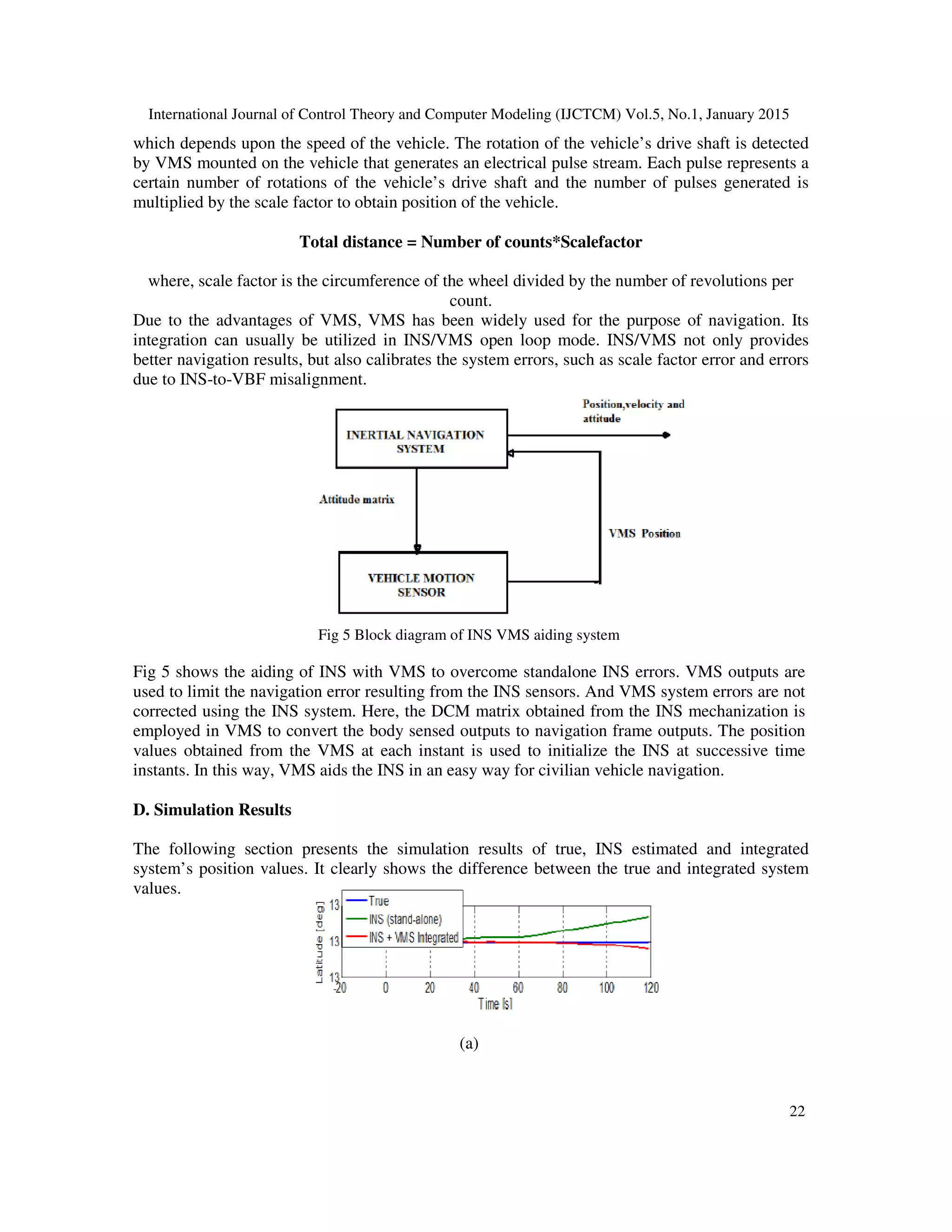 International Journal of Control Theory and Computer Modeling (IJCTCM) Vol.5, No.1, January 2015
22
which depends upon the speed of the vehicle. The rotation of the vehicle’s drive shaft is detected
by VMS mounted on the vehicle that generates an electrical pulse stream. Each pulse represents a
certain number of rotations of the vehicle’s drive shaft and the number of pulses generated is
multiplied by the scale factor to obtain position of the vehicle.
Total distance = Number of counts*Scalefactor
where, scale factor is the circumference of the wheel divided by the number of revolutions per
count.
Due to the advantages of VMS, VMS has been widely used for the purpose of navigation. Its
integration can usually be utilized in INS/VMS open loop mode. INS/VMS not only provides
better navigation results, but also calibrates the system errors, such as scale factor error and errors
due to INS-to-VBF misalignment.
Fig 5 Block diagram of INS VMS aiding system
Fig 5 shows the aiding of INS with VMS to overcome standalone INS errors. VMS outputs are
used to limit the navigation error resulting from the INS sensors. And VMS system errors are not
corrected using the INS system. Here, the DCM matrix obtained from the INS mechanization is
employed in VMS to convert the body sensed outputs to navigation frame outputs. The position
values obtained from the VMS at each instant is used to initialize the INS at successive time
instants. In this way, VMS aids the INS in an easy way for civilian vehicle navigation.
D. Simulation Results
The following section presents the simulation results of true, INS estimated and integrated
system’s position values. It clearly shows the difference between the true and integrated system
values.
(a)
 
