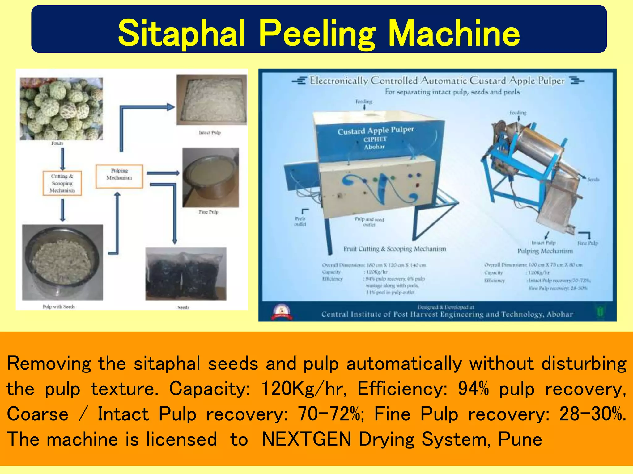 Sitaphal Peeling Machine
Removing the sitaphal seeds and pulp automatically without disturbing
the pulp texture. Capacity: 120Kg/hr, Efficiency: 94% pulp recovery,
Coarse / Intact Pulp recovery: 70-72%; Fine Pulp recovery: 28-30%.
The machine is licensed to NEXTGEN Drying System, Pune
 