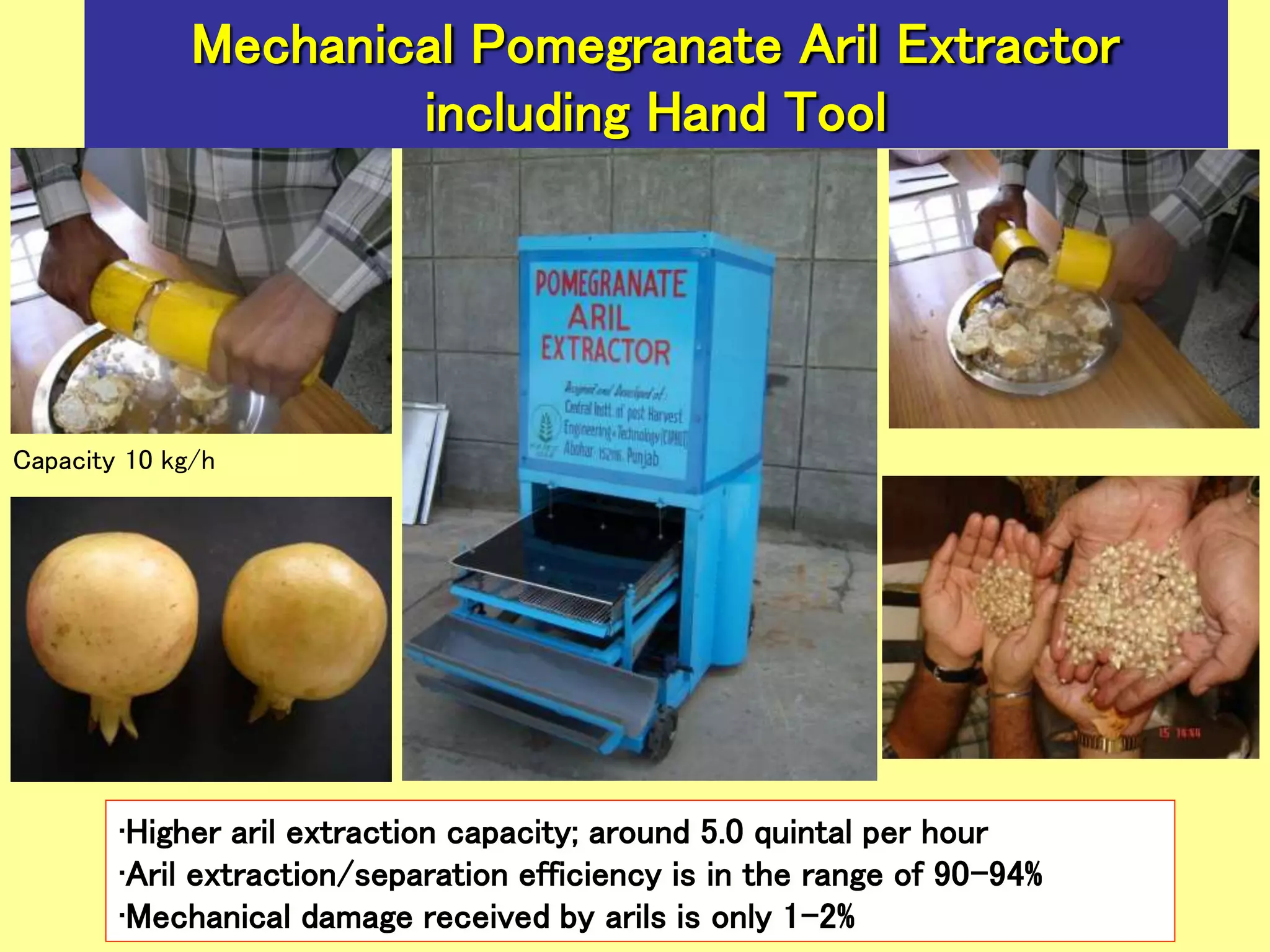 •Higher aril extraction capacity; around 5.0 quintal per hour
•Aril extraction/separation efficiency is in the range of 90-94%
•Mechanical damage received by arils is only 1-2%
Mechanical Pomegranate Aril Extractor
including Hand Tool
Capacity 10 kg/h
 