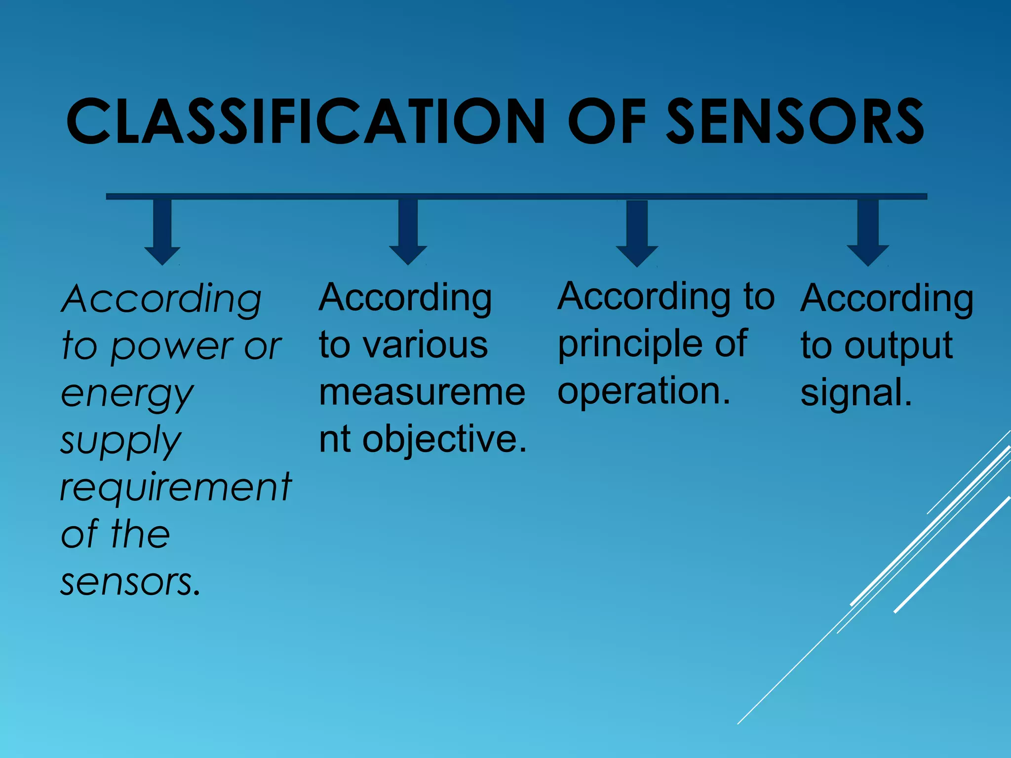 CLASSIFICATION OF SENSORS
According
to power or
energy
supply
requirement
of the
sensors.
According
to various
measureme
nt objective.
According to
principle of
operation.
According
to output
signal.
 