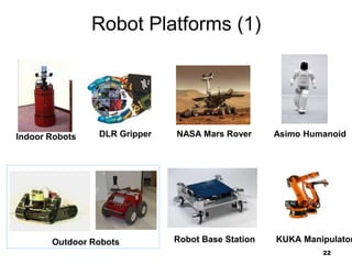 22
Robot Platforms (1)
Indoor Robots DLR Gripper NASA Mars Rover Asimo Humanoid
Outdoor Robots Robot Base Station KUKA Manipulator
 