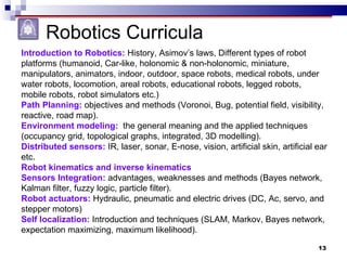Robotics Curricula Introduction to Robotics:  History,  Asimov’s laws, Different types of robot platforms (humanoid, Car-like, holonomic & non-holonomic, miniature, manipulators, animators, indoor, outdoor, space robots, medical robots, under water robots, locomotion, areal robots, educational robots, legged robots, mobile robots, robot simulators etc.) Path Planning:  objectives and methods (Voronoi, Bug, potential field, visibility, reactive, road map).  Environment modeling:    the general meaning and the applied techniques (occupancy grid, topological graphs, integrated, 3D modelling).  Distributed sensors:   IR, laser, sonar, E-nose, vision, artificial skin, artificial ear etc.  Robot kinematics and inverse kinematics Sensors Integration:  advantages, weaknesses and methods (Bayes network, Kalman filter, fuzzy logic, particle filter).  Robot actuators:   Hydraulic, pneumatic and electric drives (DC, Ac, servo, and stepper motors) Self localization:   Introduction and techniques (SLAM, Markov, Bayes network, expectation maximizing, maximum likelihood).  