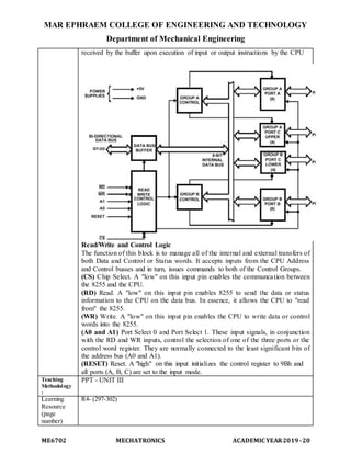 MAR EPHRAEM COLLEGE OF ENGINEERING AND TECHNOLOGY
Department of Mechanical Engineering
ME6702 MECHATRONICS ACADEMIC YEAR2019-20
received by the buffer upon execution of input or output instructions by the CPU
Read/Write and Control Logic
The function of this block is to manage all of the internal and external transfers of
both Data and Control or Status words. It accepts inputs from the CPU Address
and Control busses and in turn, issues commands to both of the Control Groups.
(CS) Chip Select. A "low" on this input pin enables the communcation between
the 8255 and the CPU.
(RD) Read. A "low" on this input pin enables 8255 to send the data or status
information to the CPU on the data bus. In essence, it allows the CPU to "read
from" the 8255.
(WR) Write. A "low" on this input pin enables the CPU to write data or control
words into the 8255.
(A0 and A1) Port Select 0 and Port Select 1. These input signals, in conjunction
with the RD and WR inputs, control the selection of one of the three ports or the
control word register. They are normally connected to the least significant bits of
the address bus (A0 and A1).
(RESET) Reset. A "high" on this input initializes the control register to 9Bh and
all ports (A, B, C) are set to the input mode.
Teaching
Methodology
:
PPT - UNIT III
Learning
Resource
(page
number)
R4- (297-302)
 