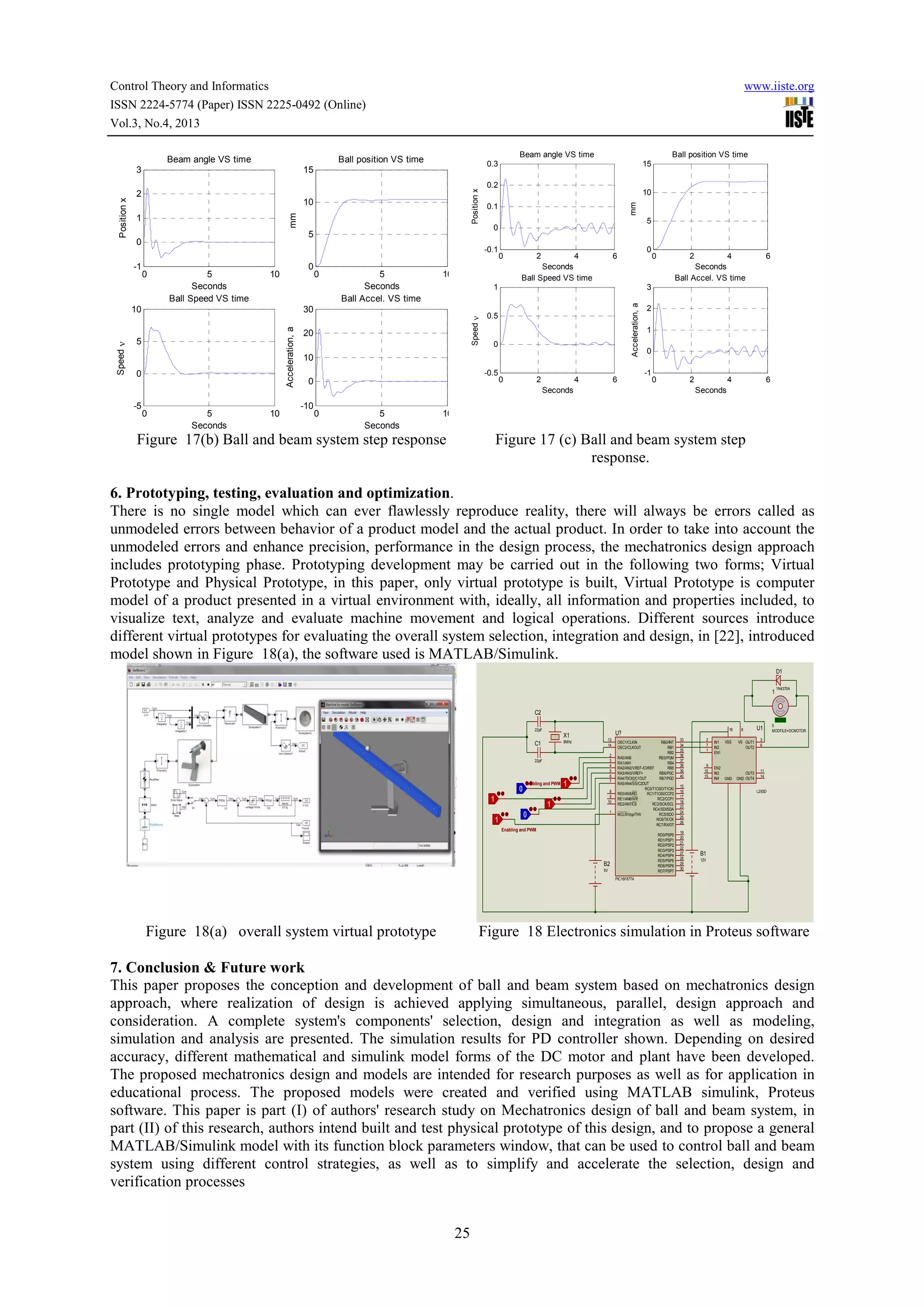 Control Theory and Informatics
ISSN 2224-5774 (Paper) ISSN 2225-0492 (Online)
Vol.3, No.4, 2013

5
Seconds
Ball Speed VS time

10

0

5
Seconds
Ball Accel. VS time

0

5
Seconds

10

0

2

4
Seconds
Ball Speed VS time

0

6

1

Speed ν

Acceleration, a

0

5

10

30

5

10

0.1

20

0.5

0

10
-0.5

0

0

2

4
Seconds
Ball Accel. VS time

0

2

4

2
1
0
-1

6

0

2

Seconds

-10

0

5
Seconds

6

3
Acceleration, a

0

10

Speed ν

0.2

-0.1

0

15

0

5

0

-5

Position x

mm

Position x

10

1

Ball position VS time

0.3

15

2

-1

Beam angle VS time

Ball position VS time

3

mm

Beam angle VS time

www.iiste.org

4

6

Seconds

10

Figure 17(b) Ball and beam system step response

Figure 17 (c) Ball and beam system step
response.

6. Prototyping, testing, evaluation and optimization.
There is no single model which can ever flawlessly reproduce reality, there will always be errors called as
unmodeled errors between behavior of a product model and the actual product. In order to take into account the
unmodeled errors and enhance precision, performance in the design process, the mechatronics design approach
includes prototyping phase. Prototyping development may be carried out in the following two forms; Virtual
Prototype and Physical Prototype, in this paper, only virtual prototype is built, Virtual Prototype is computer
model of a product presented in a virtual environment with, ideally, all information and properties included, to
visualize text, analyze and evaluate machine movement and logical operations. Different sources introduce
different virtual prototypes for evaluating the overall system selection, integration and design, in [22], introduced
model shown in Figure 18(a), the software used is MATLAB/Simulink.
D1
1

1N4370A

C2
22pF

X1
8Mhz

C1

2
3
4
5
6
7

22pF

0

Enabling and PWM

1

1
1

16

U?
13
14

1

8
9
10
1

0

OSC1/CLKIN
OSC2/CLKOUT

RB0/INT
RB1
RB2
RB3/PGM
RB4
RB5
RB6/PGC
RB7/PGD

RA0/AN0
RA1/AN1
RA2/AN2/VREF-/CVREF
RA3/AN3/VREF+
RA4/T0CKI/C1OUT
RA5/AN4/SS/C2OUT
RC0/T1OSO/T1CKI
RE0/AN5/RD
RC1/T1OSI/CCP2
RE1/AN6/WR
RC2/CCP1
RE2/AN7/CS
RC3/SCK/SCL
RC4/SDI/SDA
MCLR/Vpp/THV
RC5/SDO
RC6/TX/CK
RC7/RX/DT

Enabling and PWM
RD0/PSP0
RD1/PSP1
RD2/PSP2
RD3/PSP3
RD4/PSP4
RD5/PSP5
RD6/PSP6
RD7/PSP7

B2
5V

33
34
35
36
37
38
39
40

2
7
1

9
10
15

15
16
17
18
23
24
25
26
19
20
21
22
27
28
29
30

IN1 VSS
IN2
EN1

EN2
IN3
IN4 GND

8
VS OUT1
OUT2

OUT3
GND OUT4

U1

+88.8
5
MODFILE=DCMOTOR

3
6

11
14

L293D

B1
12V

PIC16F877A

Figure 18(a) overall system virtual prototype

Figure 18 Electronics simulation in Proteus software

7. Conclusion & Future work
This paper proposes the conception and development of ball and beam system based on mechatronics design
approach, where realization of design is achieved applying simultaneous, parallel, design approach and
consideration. A complete system's components' selection, design and integration as well as modeling,
simulation and analysis are presented. The simulation results for PD controller shown. Depending on desired
accuracy, different mathematical and simulink model forms of the DC motor and plant have been developed.
The proposed mechatronics design and models are intended for research purposes as well as for application in
educational process. The proposed models were created and verified using MATLAB simulink, Proteus
software. This paper is part (I) of authors' research study on Mechatronics design of ball and beam system, in
part (II) of this research, authors intend built and test physical prototype of this design, and to propose a general
MATLAB/Simulink model with its function block parameters window, that can be used to control ball and beam
system using different control strategies, as well as to simplify and accelerate the selection, design and
verification processes
25

 