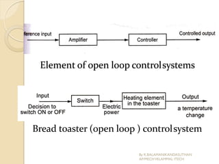 Element of open loop controlsystems
Bread toaster (open loop ) controlsystem
By K.BALAMANIKANDASUTHAN
AP/MECHVELAMMAL ITECH
 