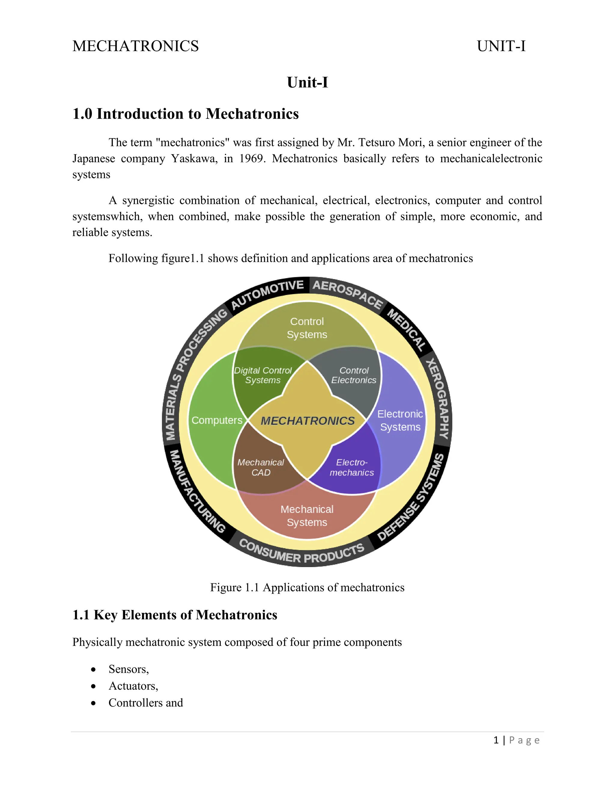 MECHATRONICS UNIT-I
1 | P a g e
Unit-I
1.0 Introduction to Mechatronics
The term "mechatronics" was first assigned by Mr. Tetsuro Mori, a senior engineer of the
Japanese company Yaskawa, in 1969. Mechatronics basically refers to mechanicalelectronic
systems
A synergistic combination of mechanical, electrical, electronics, computer and control
systemswhich, when combined, make possible the generation of simple, more economic, and
reliable systems.
Following figure1.1 shows definition and applications area of mechatronics
Figure 1.1 Applications of mechatronics
1.1 Key Elements of Mechatronics
Physically mechatronic system composed of four prime components
• Sensors,
• Actuators,
• Controllers and
 