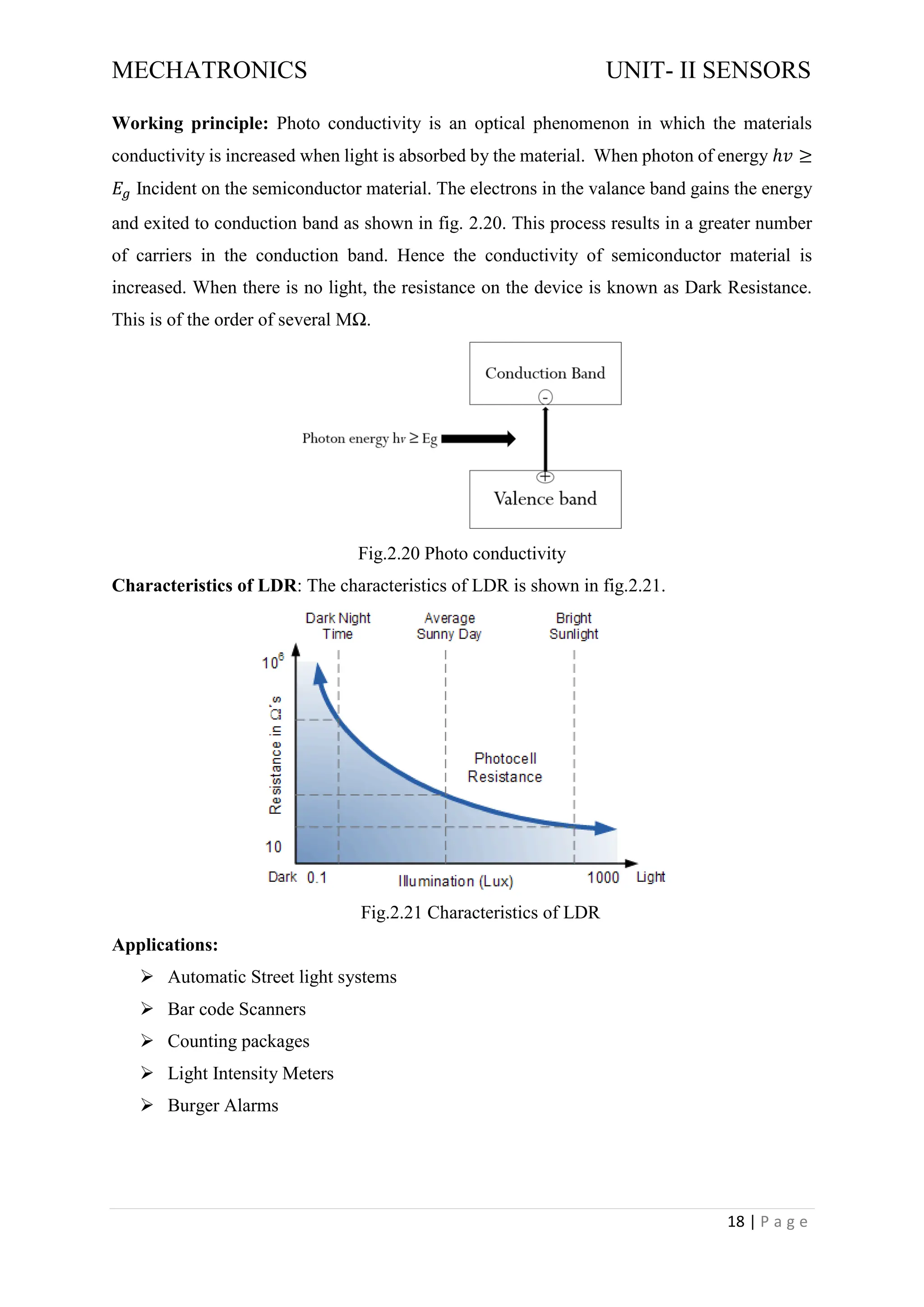 MECHATRONICS UNIT- II SENSORS
18 | P a g e
Working principle: Photo conductivity is an optical phenomenon in which the materials
conductivity is increased when light is absorbed by the material. When photon of energy ℎ𝑣 ≥
𝐸𝑔 Incident on the semiconductor material. The electrons in the valance band gains the energy
and exited to conduction band as shown in fig. 2.20. This process results in a greater number
of carriers in the conduction band. Hence the conductivity of semiconductor material is
increased. When there is no light, the resistance on the device is known as Dark Resistance.
This is of the order of several MΩ.
Fig.2.20 Photo conductivity
Characteristics of LDR: The characteristics of LDR is shown in fig.2.21.
Fig.2.21 Characteristics of LDR
Applications:
➢ Automatic Street light systems
➢ Bar code Scanners
➢ Counting packages
➢ Light Intensity Meters
➢ Burger Alarms
 