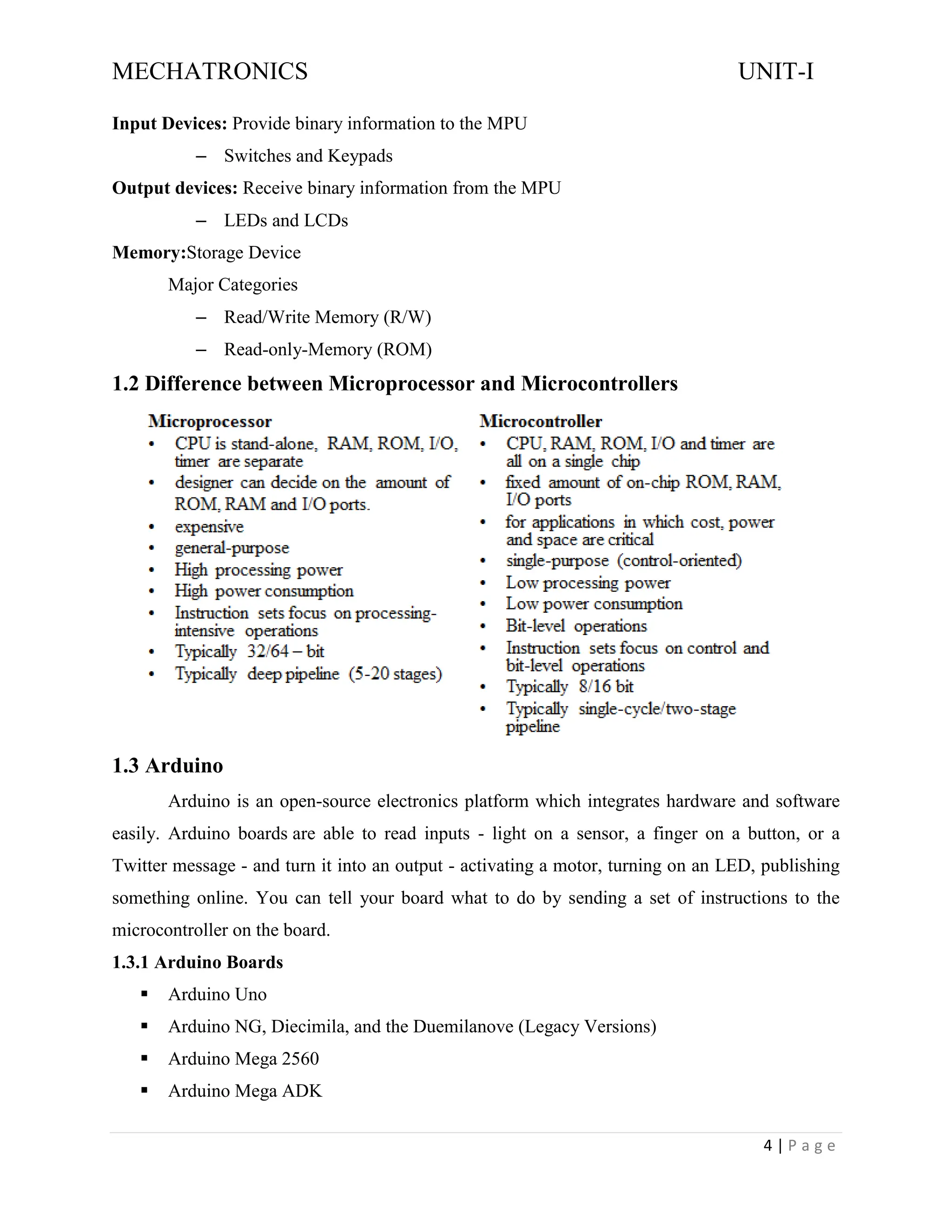 MECHATRONICS UNIT-I
4 | P a g e
Input Devices: Provide binary information to the MPU
– Switches and Keypads
Output devices: Receive binary information from the MPU
– LEDs and LCDs
Memory:Storage Device
Major Categories
– Read/Write Memory (R/W)
– Read-only-Memory (ROM)
1.2 Difference between Microprocessor and Microcontrollers
1.3 Arduino
Arduino is an open-source electronics platform which integrates hardware and software
easily. Arduino boards are able to read inputs - light on a sensor, a finger on a button, or a
Twitter message - and turn it into an output - activating a motor, turning on an LED, publishing
something online. You can tell your board what to do by sending a set of instructions to the
microcontroller on the board.
1.3.1 Arduino Boards
▪ Arduino Uno
▪ Arduino NG, Diecimila, and the Duemilanove (Legacy Versions)
▪ Arduino Mega 2560
▪ Arduino Mega ADK
 