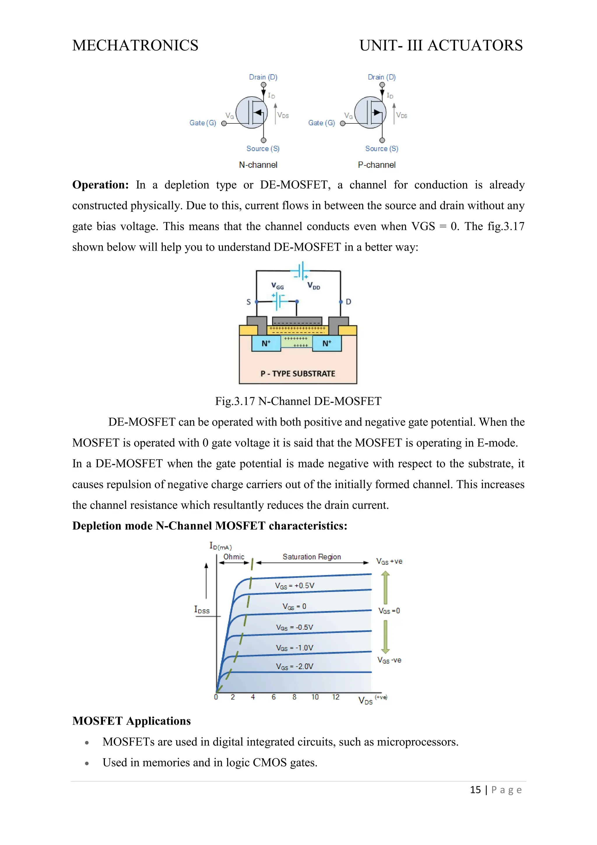 MECHATRONICS UNIT- III ACTUATORS
15 | P a g e
Operation: In a depletion type or DE-MOSFET, a channel for conduction is already
constructed physically. Due to this, current flows in between the source and drain without any
gate bias voltage. This means that the channel conducts even when VGS = 0. The fig.3.17
shown below will help you to understand DE-MOSFET in a better way:
Fig.3.17 N-Channel DE-MOSFET
DE-MOSFET can be operated with both positive and negative gate potential. When the
MOSFET is operated with 0 gate voltage it is said that the MOSFET is operating in E-mode.
In a DE-MOSFET when the gate potential is made negative with respect to the substrate, it
causes repulsion of negative charge carriers out of the initially formed channel. This increases
the channel resistance which resultantly reduces the drain current.
Depletion mode N-Channel MOSFET characteristics:
MOSFET Applications
• MOSFETs are used in digital integrated circuits, such as microprocessors.
• Used in memories and in logic CMOS gates.
 