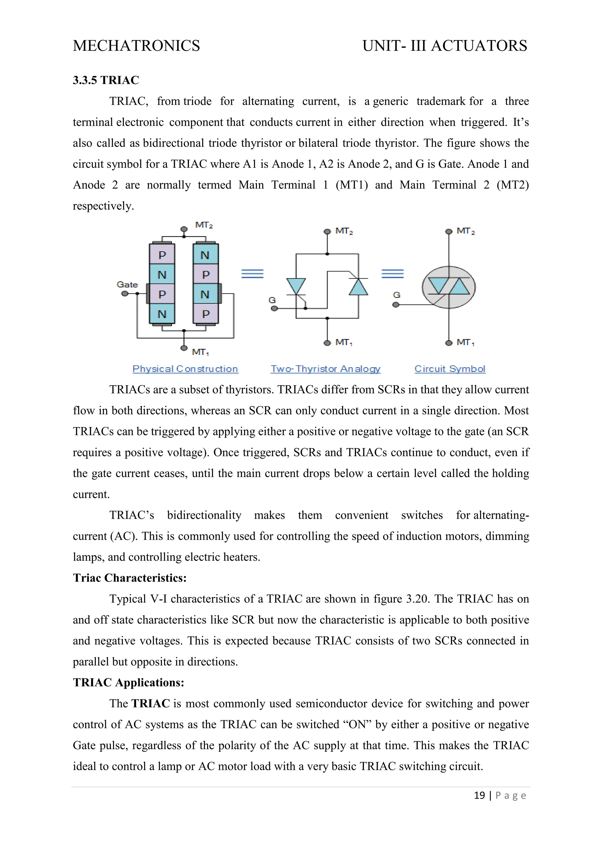 MECHATRONICS UNIT- III ACTUATORS
19 | P a g e
3.3.5 TRIAC
TRIAC, from triode for alternating current, is a generic trademark for a three
terminal electronic component that conducts current in either direction when triggered. It’s
also called as bidirectional triode thyristor or bilateral triode thyristor. The figure shows the
circuit symbol for a TRIAC where A1 is Anode 1, A2 is Anode 2, and G is Gate. Anode 1 and
Anode 2 are normally termed Main Terminal 1 (MT1) and Main Terminal 2 (MT2)
respectively.
TRIACs are a subset of thyristors. TRIACs differ from SCRs in that they allow current
flow in both directions, whereas an SCR can only conduct current in a single direction. Most
TRIACs can be triggered by applying either a positive or negative voltage to the gate (an SCR
requires a positive voltage). Once triggered, SCRs and TRIACs continue to conduct, even if
the gate current ceases, until the main current drops below a certain level called the holding
current.
TRIAC’s bidirectionality makes them convenient switches for alternating-
current (AC). This is commonly used for controlling the speed of induction motors, dimming
lamps, and controlling electric heaters.
Triac Characteristics:
Typical V-I characteristics of a TRIAC are shown in figure 3.20. The TRIAC has on
and off state characteristics like SCR but now the characteristic is applicable to both positive
and negative voltages. This is expected because TRIAC consists of two SCRs connected in
parallel but opposite in directions.
TRIAC Applications:
The TRIAC is most commonly used semiconductor device for switching and power
control of AC systems as the TRIAC can be switched “ON” by either a positive or negative
Gate pulse, regardless of the polarity of the AC supply at that time. This makes the TRIAC
ideal to control a lamp or AC motor load with a very basic TRIAC switching circuit.
 