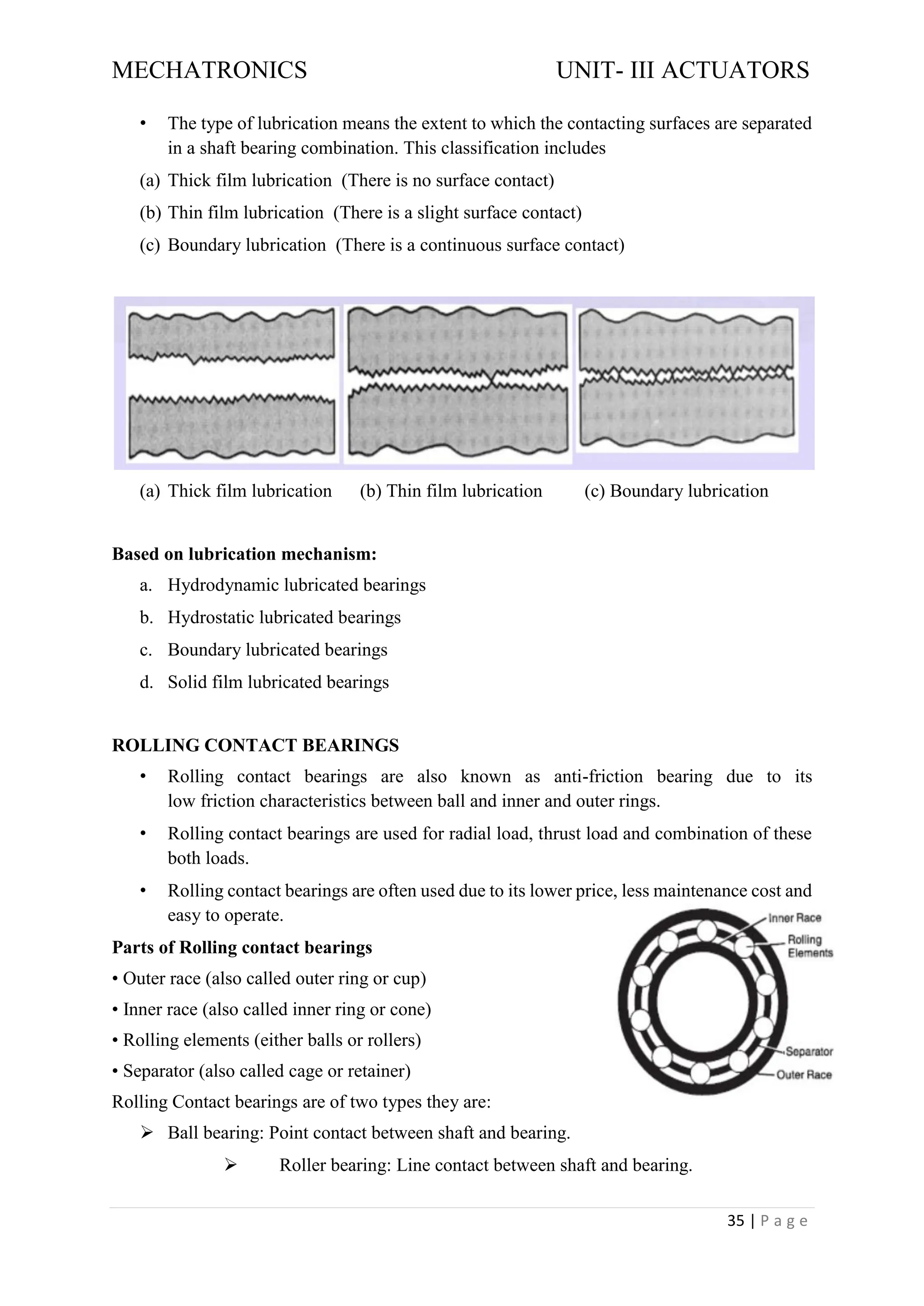 MECHATRONICS UNIT- III ACTUATORS
35 | P a g e
• The type of lubrication means the extent to which the contacting surfaces are separated
in a shaft bearing combination. This classification includes
(a) Thick film lubrication (There is no surface contact)
(b) Thin film lubrication (There is a slight surface contact)
(c) Boundary lubrication (There is a continuous surface contact)
(a) Thick film lubrication (b) Thin film lubrication (c) Boundary lubrication
Based on lubrication mechanism:
a. Hydrodynamic lubricated bearings
b. Hydrostatic lubricated bearings
c. Boundary lubricated bearings
d. Solid film lubricated bearings
ROLLING CONTACT BEARINGS
• Rolling contact bearings are also known as anti-friction bearing due to its
low friction characteristics between ball and inner and outer rings.
• Rolling contact bearings are used for radial load, thrust load and combination of these
both loads.
• Rolling contact bearings are often used due to its lower price, less maintenance cost and
easy to operate.
Parts of Rolling contact bearings
• Outer race (also called outer ring or cup)
• Inner race (also called inner ring or cone)
• Rolling elements (either balls or rollers)
• Separator (also called cage or retainer)
Rolling Contact bearings are of two types they are:
➢ Ball bearing: Point contact between shaft and bearing.
➢ Roller bearing: Line contact between shaft and bearing.
 