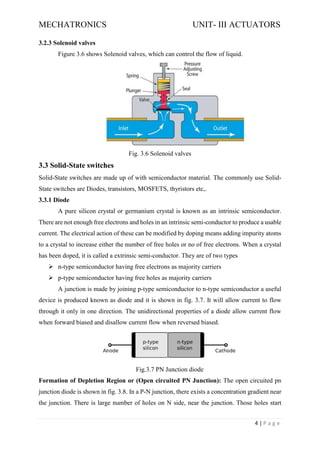 MECHATRONICS UNIT- III ACTUATORS
4 | P a g e
3.2.3 Solenoid valves
Figure 3.6 shows Solenoid valves, which can control the flow of liquid.
Fig. 3.6 Solenoid valves
3.3 Solid-State switches
Solid-State switches are made up of with semiconductor material. The commonly use Solid-
State switches are Diodes, transistors, MOSFETS, thyristors etc,.
3.3.1 Diode
A pure silicon crystal or germanium crystal is known as an intrinsic semiconductor.
There are not enough free electrons and holes in an intrinsic semi-conductor to produce a usable
current. The electrical action of these can be modified by doping means adding impurity atoms
to a crystal to increase either the number of free holes or no of free electrons. When a crystal
has been doped, it is called a extrinsic semi-conductor. They are of two types
➢ n-type semiconductor having free electrons as majority carriers
➢ p-type semiconductor having free holes as majority carriers
A junction is made by joining p-type semiconductor to n-type semiconductor a useful
device is produced known as diode and it is shown in fig. 3.7. It will allow current to flow
through it only in one direction. The unidirectional properties of a diode allow current flow
when forward biased and disallow current flow when reversed biased.
Fig.3.7 PN Junction diode
Formation of Depletion Region or (Open circuited PN Junction): The open circuited pn
junction diode is shown in fig. 3.8. In a P-N junction, there exists a concentration gradient near
the junction. There is large number of holes on N side, near the junction. Those holes start
 