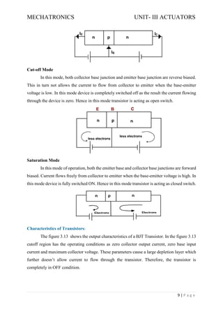 MECHATRONICS UNIT- III ACTUATORS
9 | P a g e
Cut-off Mode
In this mode, both collector base junction and emitter base junction are reverse biased.
This in turn not allows the current to flow from collector to emitter when the base-emitter
voltage is low. In this mode device is completely switched off as the result the current flowing
through the device is zero. Hence in this mode transistor is acting as open switch.
Saturation Mode
In this mode of operation, both the emitter base and collector base junctions are forward
biased. Current flows freely from collector to emitter when the base-emitter voltage is high. In
this mode device is fully switched ON. Hence in this mode transistor is acting as closed switch.
Characteristics of Transistors:
The figure 3.13 shows the output characteristics of a BJT Transistor. In the figure 3.13
cutoff region has the operating conditions as zero collector output current, zero base input
current and maximum collector voltage. These parameters cause a large depletion layer which
further doesn’t allow current to flow through the transistor. Therefore, the transistor is
completely in OFF condition.
 