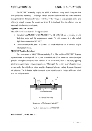 MECHATRONICS UNIT- III ACTUATORS
12 | P a g e
The MOSFET works by varying the width of a channel along which charge carriers
flow (holes and electrons). The charge carriers enter the channel from the source and exits
through the drain. The channel width is controlled by the voltage on an electrode is called gate
which is located between the source and drain. It is insulated from the channel near an
extremely thin layer of metal oxide.
Types of MOSFET Devices
The MOSFET is classified into two types such as
➢ Depletion-type MOSFET or DE-MOSFET: The DE-MOSFET can be operated in both
depletion mode and the enhancement mode. For this reason, it is also called
depletion/enhancement MOSFET.
➢ Enhancement-type MOSFET or E-MOSFET: The E-MOSFET can be operated only in
enhancement mode.
MOSFET Working Principle:
The construction of MOSFET is shown in fig. 3.16. The working of MOSFET depends
upon the metal oxide capacitor (MOS) that is the main part of the MOSFET. The oxide layer
presents among the source and drain terminal. It can be set from p-type to n-type by applying
positive or negative gate voltages respectively. When apply the positive gate voltage the holes
present under the oxide layer with a repulsive force and holes are pushed downward through
the substrate. The deflection region populated by the bound negative charges which are allied
with the acceptor atoms.
Fig. 3.16 Construction of MOSFET
Enhancement Type MOSFET:
 
