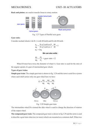 MECHATRONICS UNIT- III ACTUATORS
31 | P a g e
Rack and pinion: are used to transfer linear to rotary motion
Fig. 3.27 Types of Parallel axes gears
Gear ratio:
Consider meshed wheels A & B. A with 40 teeth and B with 80 teeth.
Wheel B must have twice the diameter of wheel A. Gear ratio is used for the ratio of
the angular speeds of a pair of intermeshed gear wheels
Types of gear trains:
Simple gear train: The simple gear train is shown in fig. 3.28 and this term is used for a system
where each shaft carries only one gear wheel here we have
Fig. 3.28 Simple gear train
The intermediate wheel B is termed the idler wheel is used to change the direction of rotation
of the output wheel.
The compound gear train: The compound gear train is shown in fig.3.29 and this term is used
to describe a gear train when two (or more) wheels are mounted on a common shaft. When two
 