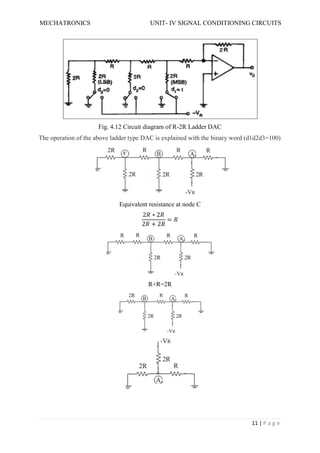 MECHATRONICS UNIT- IV SIGNAL CONDITIONING CIRCUITS
11 | P a g e
Fig. 4.12 Circuit diagram of R-2R Ladder DAC
The operation of the above ladder type DAC is explained with the binary word (d1d2d3=100)
Equivalent resistance at node C
2 ∗ 2
2 + 2
=
R+R=2R
 