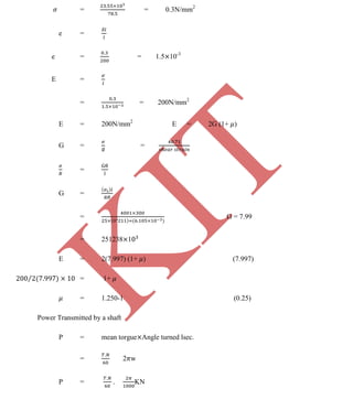 K
IT
CE6306 STRENGTH OF MATERIALS II/III MECHANICAL ENGINEERING
106 A.RAJASEKAR AP/MECHANICAL 2015-2016
= = 0.3N/mm2
e =
e = = 1.5 10-3
E =
= = 200N/mm2
E = 200N/mm2
E = 2G (1+ )
G = =
=
G =
= G = 7.99
= 251238 1
E = 2(7.997) (1+ ) (7.997)
= 1+
= 1.250-1 (0.25)
Power Transmitted by a shaft
P = mean torgue Angle turned lsec.
= 2 w
P = . KN
 