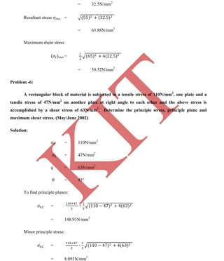 K
IT
CE6306 STRENGTH OF MATERIALS II/III MECHANICAL ENGINEERING
125 A.RAJASEKAR AP/MECHANICAL 2015-2016
= 32.5N/mm2
Resultant stress =
= 63.88N/mm2
Maximum shear stress
max =
= 39.52N/mm2
Problem -6:
A rectangular block of material is subjected to a tensile stress of 110N/mm2
, one plate and a
tensile stress of 47N/mm2
on another plate at right angle to each other and the above stress is
accomplished by a shear stress of 63N/mm2
. Determine the principle stress, principle plane and
maximum shear stress. (May/June 2002)
Solution:
= 110N/mm2
= 47N/mm2
q = 63N/mm2
= 45°
To find principle planes:
= +
= 148.93N/mm2
Minor principle stress:
= -
= 8.093N/mm2
 