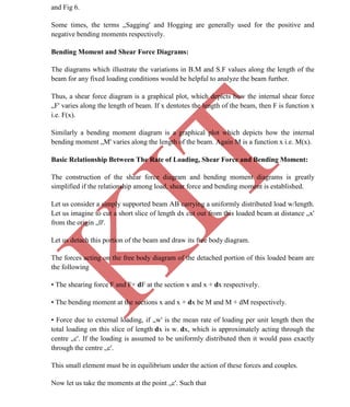 K
IT
CE6306 STRENGTH OF MATERIALS II/III MECHANICAL ENGINEERING
20 A.RAJASEKAR AP/MECHANICAL 2015-2016
and Fig 6.
Some times, the terms „Sagging' and Hogging are generally used for the positive and
negative bending moments respectively.
Bending Moment and Shear Force Diagrams:
The diagrams which illustrate the variations in B.M and S.F values along the length of the
beam for any fixed loading conditions would be helpful to analyze the beam further.
Thus, a shear force diagram is a graphical plot, which depicts how the internal shear force
„F' varies along the length of beam. If x dentotes the length of the beam, then F is function x
i.e. F(x).
Similarly a bending moment diagram is a graphical plot which depicts how the internal
bending moment „M' varies along the length of the beam. Again M is a function x i.e. M(x).
Basic Relationship Between The Rate of Loading, Shear Force and Bending Moment:
The construction of the shear force diagram and bending moment diagrams is greatly
simplified if the relationship among load, shear force and bending moment is established.
Let us consider a simply supported beam AB carrying a uniformly distributed load w/length.
Let us imagine to cut a short slice of length dx cut out from this loaded beam at distance „x'
from the origin „0'.
Let us detach this portion of the beam and draw its free body diagram.
The forces acting on the free body diagram of the detached portion of this loaded beam are
the following
• The shearing force F and F+ dF at the section x and x + dx respectively.
• The bending moment at the sections x and x + dx be M and M + dM respectively.
• Force due to external loading, if „w' is the mean rate of loading per unit length then the
total loading on this slice of length dx is w. dx, which is approximately acting through the
centre „c'. If the loading is assumed to be uniformly distributed then it would pass exactly
through the centre „c'.
This small element must be in equilibrium under the action of these forces and couples.
Now let us take the moments at the point „c'. Such that
 
