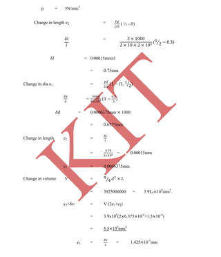 K
IT
CE6306 STRENGTH OF MATERIALS II/III MECHANICAL ENGINEERING
87 A.RAJASEKAR AP/MECHANICAL 2015-2016
p = 3N/mm2
Change in length e2 = ( ½ - )
=
= 0.00015mmxl
= 0.75mm
Change in dia e1 =
=
= 0.0006375mm 1000
= 0.6375mm
Change in length e2 =
= = 0.00015mm
e1 = 0.0006375mm
Change in volume V =
= 3925000000 = 3.9L5 109
mm2
.
e3= = V (2e1+e2)
= 3.9x109
(2 6.375 10-4
+1.5 10-4
)
= 5.5 106
mm2
e3 = = 1.425 10-3
mm
 