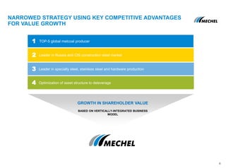 NARROWED STRATEGY USING KEY COMPETITIVE ADVANTAGES
FOR VALUE GROWTH
GROWTH IN SHAREHOLDER VALUE
BASED ON VERTICALLY-INTEGRATED BUSINESS
MODEL
TOP-5 global metcoal producer1
Leader in Russia and CIS construction steel market2
Leader in specialty steel, stainless steel and hardware production3
Optimization of asset structure to deleverage4
8
 