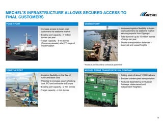 • Logistics flexibility on the Sea of
Azov and Black Sea
• Potential to increase export of coking
coal, PCI and anthracite to Europe
• Existing port capacity – 2 mln tonnes
• Target capacity - 4 mln tonnes
• Rolling stock of about 12,000 railcars
• Ensures uninterrupted transportation
• Reduces dependency on Russian
Railways, state-owned and
independent freighters
• Increase access to Asian coal
customers via seaborne market
• Existing port capacity – 7 million
tonnes per year
• Target capacity - 9 mn tonnes
(Panamax vessels) after 2nd stage of
modernization
MECHEL’S INFRASTRUCTURE ALLOWS SECURED ACCESS TO
FINAL CUSTOMERS
• Increases logistics flexibility to Asian
coal customers via seaborne market
securing exports from Elgaugol
• Total turnover up to 10 million tonnes
of cargo per year
• Shorter transportation distances –
lower rail and vessel freights
TEMRYUK PORT MECHEL TRANS TRANSPORTATION COMPANY
POSIET PORT VANINO PORT*
14
* Access to port secured by contractual agreements
 