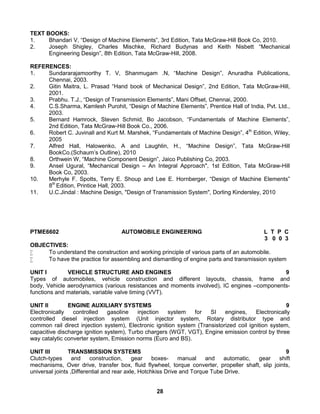 TEXT BOOKS: 
1. Bhandari V, “Design of Machine Elements”, 3rd Edition, Tata McGraw-Hill Book Co, 2010. 
2. Joseph Shigley, Charles Mischke, Richard Budynas and Keith Nisbett “Mechanical 
Engineering Design”, 8th Edition, Tata McGraw-Hill, 2008. 
REFERENCES: 
1. Sundararajamoorthy T. V, Shanmugam .N, “Machine Design”, Anuradha Publications, 
28 
Chennai, 2003. 
2. Gitin Maitra, L. Prasad “Hand book of Mechanical Design”, 2nd Edition, Tata McGraw-Hill, 
2001. 
3. Prabhu. T.J., “Design of Transmission Elements”, Mani Offset, Chennai, 2000. 
4. C.S.Sharma, Kamlesh Purohit, “Design of Machine Elements”, Prentice Hall of India, Pvt. Ltd., 
2003. 
5. Bernard Hamrock, Steven Schmid, Bo Jacobson, “Fundamentals of Machine Elements”, 
2nd Edition, Tata McGraw-Hill Book Co., 2006. 
6. Robert C. Juvinall and Kurt M. Marshek, “Fundamentals of Machine Design”, 4th Edition, Wiley, 
2005 
7. Alfred Hall, Halowenko, A and Laughlin, H., “Machine Design”, Tata McGraw-Hill 
BookCo.(Schaum’s Outline), 2010 
8. Orthwein W, “Machine Component Design”, Jaico Publishing Co, 2003. 
9. Ansel Ugural, “Mechanical Design – An Integral Approach", 1st Edition, Tata McGraw-Hill 
Book Co, 2003. 
10. Merhyle F. Spotts, Terry E. Shoup and Lee E. Hornberger, “Design of Machine Elements” 
8th Edition, Printice Hall, 2003. 
11. U.C.Jindal : Machine Design, "Design of Transmission System", Dorling Kindersley, 2010 
PTME6602 AUTOMOBILE ENGINEERING L T P C 
3 0 0 3 
OBJECTIVES: 
 To understand the construction and working principle of various parts of an automobile. 
 To have the practice for assembling and dismantling of engine parts and transmission system 
UNIT I VEHICLE STRUCTURE AND ENGINES 9 
Types of automobiles, vehicle construction and different layouts, chassis, frame and 
body, Vehicle aerodynamics (various resistances and moments involved), IC engines –components-functions 
and materials, variable valve timing (VVT). 
UNIT II ENGINE AUXILIARY SYSTEMS 9 
Electronically controlled gasoline injection system for SI engines, Electronically 
controlled diesel injection system (Unit injector system, Rotary distributor type and 
common rail direct injection system), Electronic ignition system (Transistorized coil ignition system, 
capacitive discharge ignition system), Turbo chargers (WGT, VGT), Engine emission control by three 
way catalytic converter system, Emission norms (Euro and BS). 
UNIT III TRANSMISSION SYSTEMS 9 
Clutch-types and construction, gear boxes- manual and automatic, gear shift 
mechanisms, Over drive, transfer box, fluid flywheel, torque converter, propeller shaft, slip joints, 
universal joints ,Differential and rear axle, Hotchkiss Drive and Torque Tube Drive. 
 