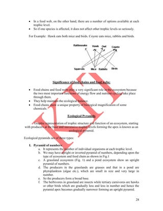 28
 In a food web, on the other hand, there are a number of options available at each
trophic level.
 So if one species is affected, it does not affect other trophic levels so seriously.
For Example: Hawk eats both mice and birds. Coyote eats mice, rabbits and birds.
Significance of food chains and food webs:
 Food chains and food webs play a very significant role in the ecosystem because
the two most important functions of energy flow and nutrient cycling take place
through them.
 They help maintain the ecological balance.
 Food chains show a unique property of biological magnification of some
chemicals.
Ecological Pyramids
Graphic representation of trophic structure and function of an ecosystem, starting
with producers at the base and successive trophic levels forming the apex is known as an
ecological pyramid.
Ecological pyramids are of three types:
I. Pyramid of numbers:
a. It represents the number of individual organisms at each trophic level.
b. We may have upright or inverted pyramid of numbers, depending upon the
type of ecosystem and food chain as shown in Fig.1
c. A grassland ecosystem (Fig. 1) and a pond ecosystem show an upright
pyramid of numbers.
d. The producers in the grasslands are grasses and that in a pond are
phytoplankton (algae etc.), which are small in size and very large in
number.
e. So the producers form a broad base.
f. The herbivores in grassland are insects while tertiary carnivores are hawks
or other birds which are gradually less and less in number and hence the
pyramid apex becomes gradually narrower forming an upright pyramid.
 