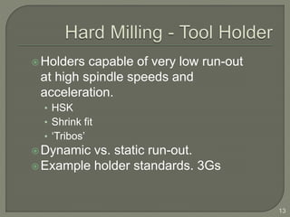 Holders capable of very low run-out
at high spindle speeds and
acceleration.
• HSK
• Shrink fit
• ‘Tribos’
Dynamic vs. static run-out.
Example holder standards. 3Gs
13
 