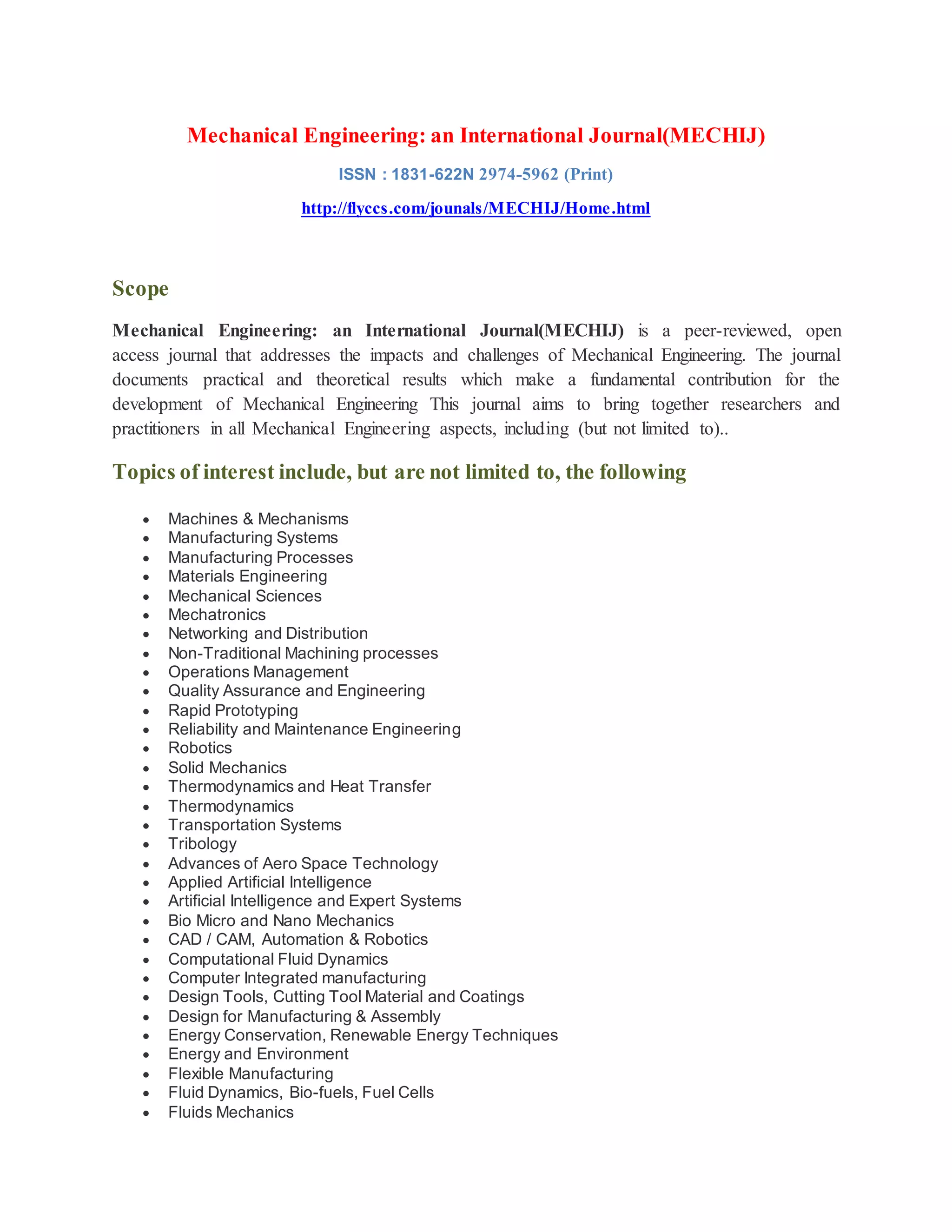 Mechanical Engineering: an International Journal(MECHIJ) DOCX