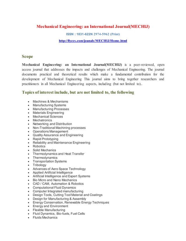 Mechanical Engineering: an International Journal(MECHIJ) DOCX