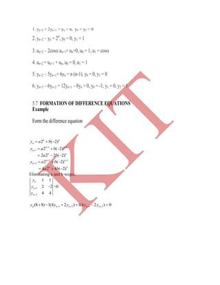 1. yn+2 + 2yn+1 + yn = n, y0 = y1 = 0
Eliminating a and b weget,
1 2 1 2(8 8) 1(4 2 ) 1(4 2 ) 0n n n n ny y y y y        
 =0


y
y
yn
n
n 1 1
2 2
4 42
1
a b  n n
4 2 4 ( 2)
 
   n n
ny a b2 1
2 2 ( 2)
a b  n n
2 2 2 ( 2)
  
   

y a b
y a bn n
n
n n
n 2 ( 2)
2 ( 2)1 1
1
2. yn+2 – yn = 2n
, y0 = 0, y1 = 1
3. un+2 – 2cos un+1+ un=0, u0 = 1, u1 = cos
4. un+2 = un+1 + un, u0 = 0, u1 = 1
5. yn+2 – 5yn+1+ 6yn = n (n-1), y0 = 0, y1 = 0
6. yn+3 – 6yn+2 + 12yn+1 – 8yn = 0, y0 = -1, y1 = 0, y2 = 1
5.7 FORMATION OF DIFFERENCE EQUATIONS
Example
Form the difference equation
K
IT
 
